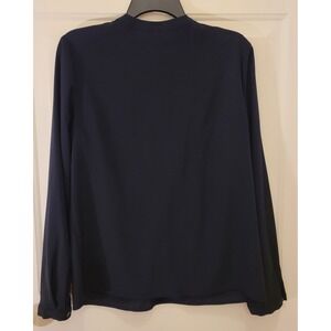Talbots Navy Blue Pleated Front Button Neck Long Sleeve Blouse Top Size 10